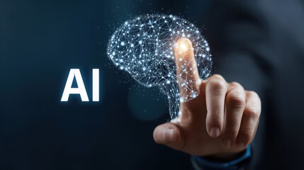 Artificial intelligence digital brain technology innovation business futuristic network data interface hand connection glowing