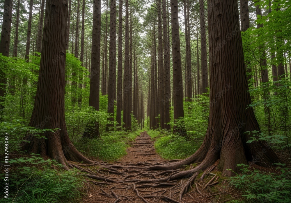 Poster serene forest path - a tranquil path winds through a dense forest, sunlight filtering through the ta
