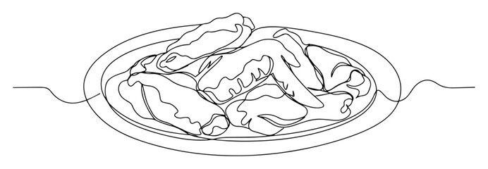 one single line drawing of a plate of spicy buffalo chicken wings for a delicious fast food restaurant menu vector contour lineart