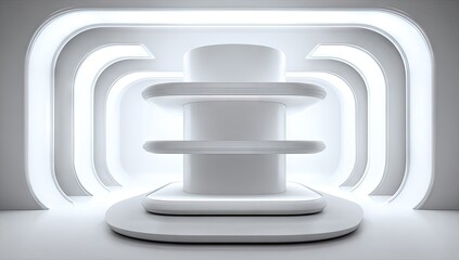 Obraz premium White display stand with multiple shelves in a futuristic interior.