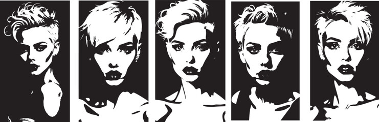 Stylish Black and White Female Portrait Vector Set for Modern Designs