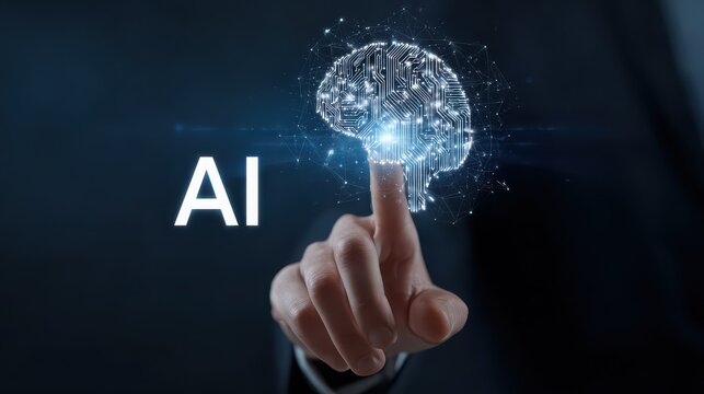 Artificial intelligence, technology, digital brain, businessman, innovation, and futuristic interface concept with person interacting with glowing AI hologram, symbolizing progress and intelligence - Powered by Adobe