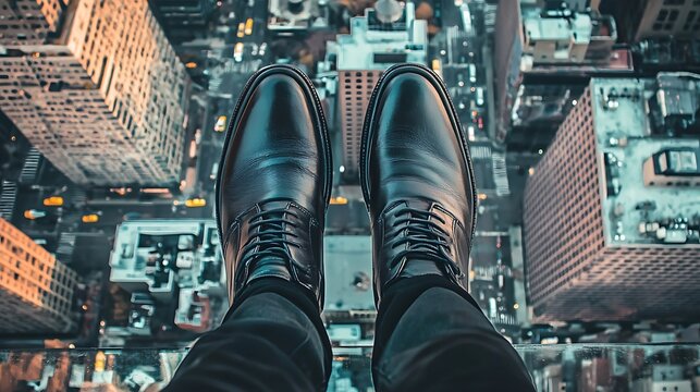 Black leather shoes dangle precariously over a cityscape