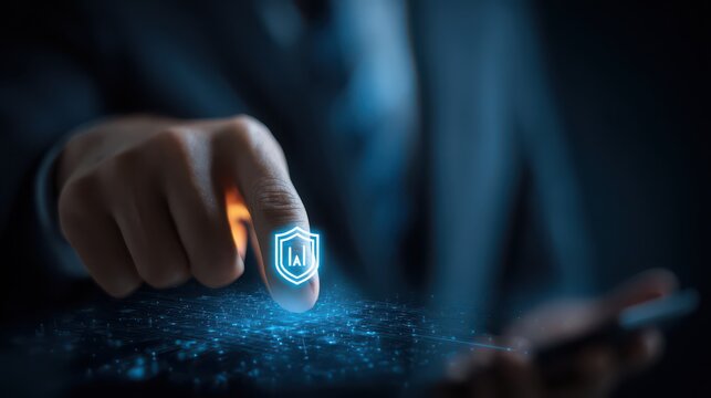 Businessman artificial intelligence technology security digital innovation protection interface cyber futuristic hand network. Businessman using artificial intelligence security interface touching