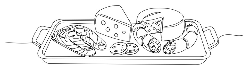 continuous one line drawing of a charcuterie board with cheese sausage and salmon a gourmet food platter vector monoline sketch