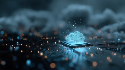 Digital cloud computing, artificial intelligence, and futuristic technology concept with glowing cloud icon on microchip, representing innovation and data processing in modern business environment