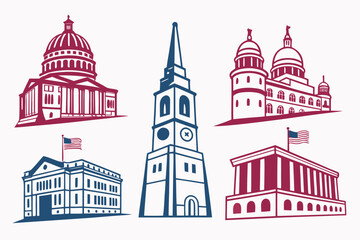 Collection of iconic american government buildings isolated on white