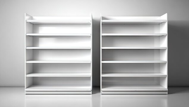 Two empty white retail display shelving units against a wall.