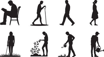 Diverse Silhouettes of People in Various Activities A Collection of Figures Engaged in Reading Walking Gardening and Relaxing Outdoors
