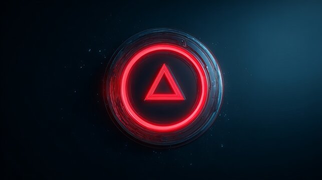 A glowing red triangular logo surrounded by a circular neon frame, set against a dark blue background.