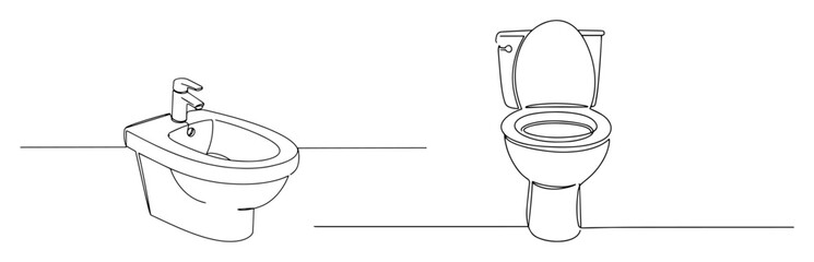 one continuous line drawing of a bathroom set with a toilet and bidet for a sanitary ware and restroom concept vector lineart illustration