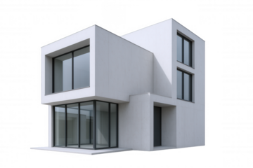 Modern Concrete Residence with Large Glass Windows and Geometric Design, Showcasing Contemporary Architecture and Minimalist Aesthetics