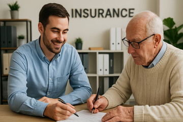 Securing Peace of Mind: A younger professional and an elder client collaborate at a table to finalize paperwork, symbolizing trust and security.
