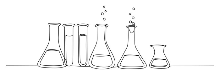 scientific laboratory scene with chemistry flasks and test tubes a continuous line art experiment illustration