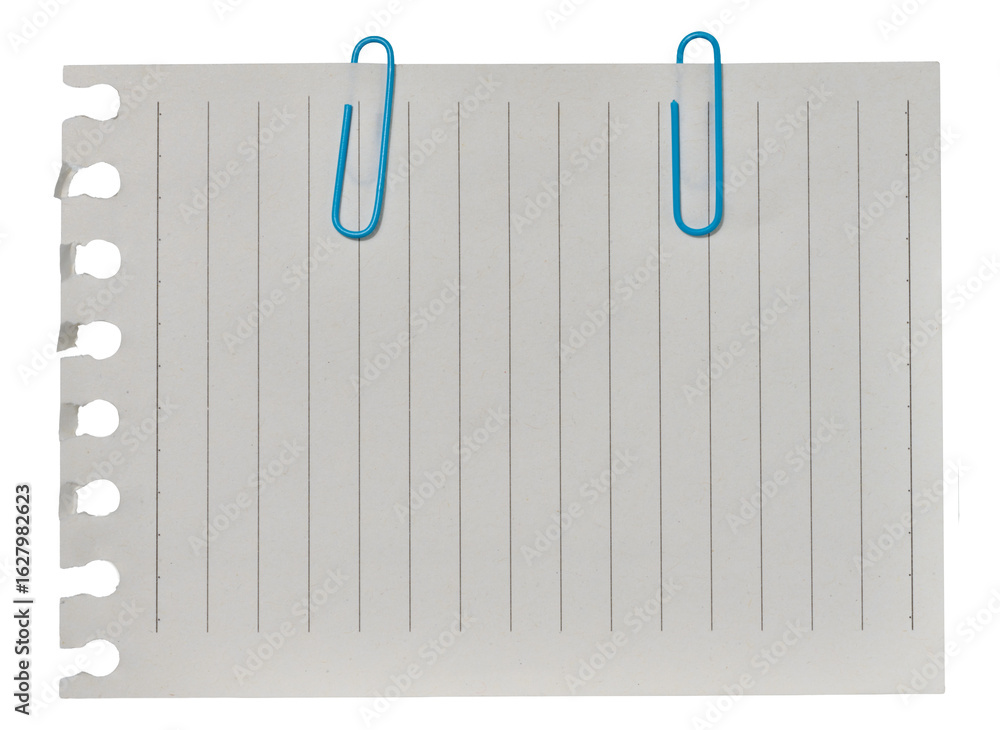 Poster a sheet of white lined paper attached with two blue paper clips to a white surface with a curved edg
