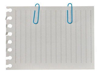A sheet of white lined paper attached with two blue paper clips to a white surface with a curved...