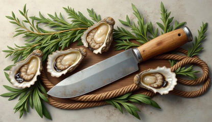 Several open oysters with a knife are placed on a wooden board. Fresh green herbs surround the oysters, creating a vibrant culinary setting that evokes freshness