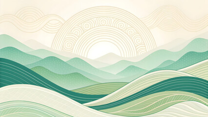 Serene Green Rolling Hills Landscape with Abstract Sun and Wavy Patterns