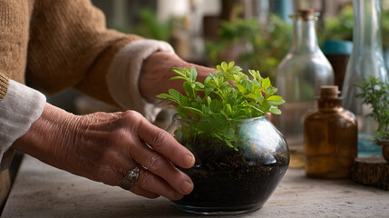 Planting Fresh Herbs in a Glass Container at Home, Indoor Lifestyle Scene
