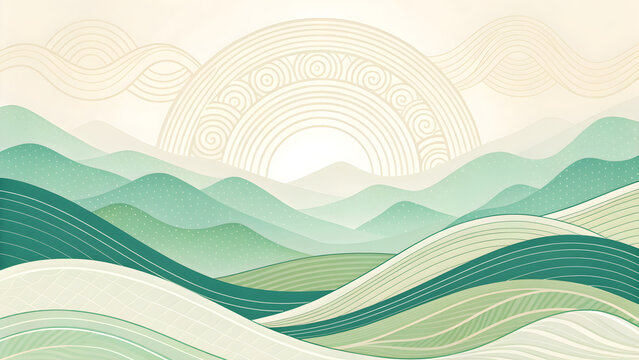 Serene Green Rolling Hills Landscape with Abstract Sun and Wavy Patterns