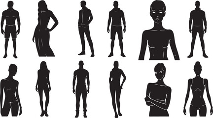 Silhouette Collection Diverse Array of Figures Featuring Men and Women in Various Poses and Attire Standing Against a White Background