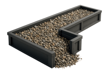 Rectangular black stone tray filled with smooth pebbles, some spilling over the edge on transparent background.