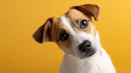 Curious Dog with a Playful Expression in a Yellow Studio Backdrop Photo Shoot