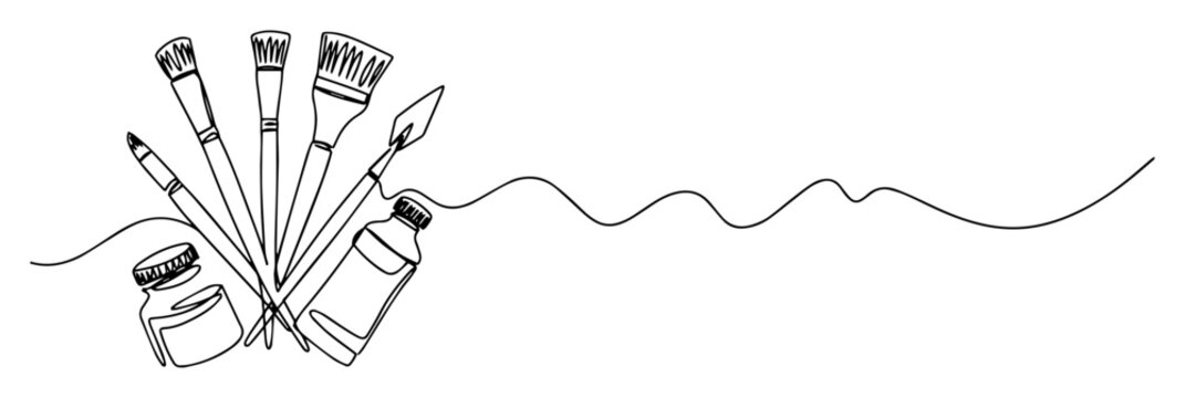 One continuous line drawing of artist paint brushes and ink. Art supplies, creative hobby concept. Minimalist vector illustration for banner or logo