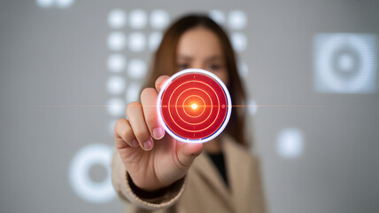 Confident businesswoman holds illuminated target, symbolizing focus, achievement, and strategic business success in a modern, high-tech environment