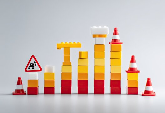Colorful plastic building blocks arranged in a staggered, tiered structure, resembling a road construction site. Various building elements and traffic cones are incorporated, including a warning sign - Powered by Adobe