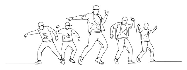a crew of energetic young male dancers performing a hip hop or street dance routine continuous one line drawing vector illustration