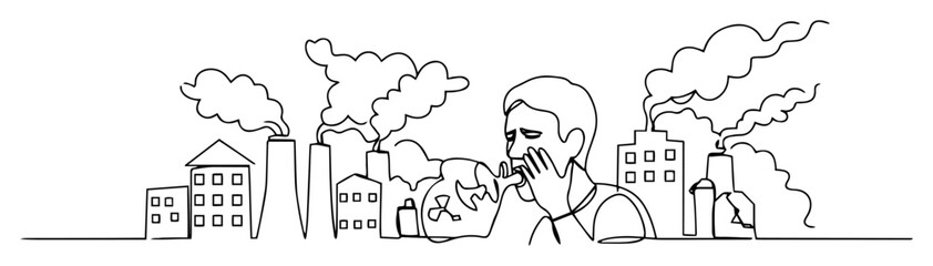 a man struggling to breathe in a city choked by industrial factory air pollution continuous one line drawing vector illustration