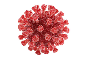 Close-up view of a red virus particle.  Spiky,  complex structure.  Highly magnified.  Viral form