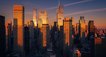 Obraz premium Dense Urban Skyline with Modern Corporate Skyscrapers and Golden Sunset