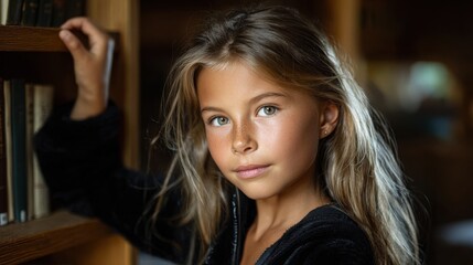 Girl browsing vintage books in school library