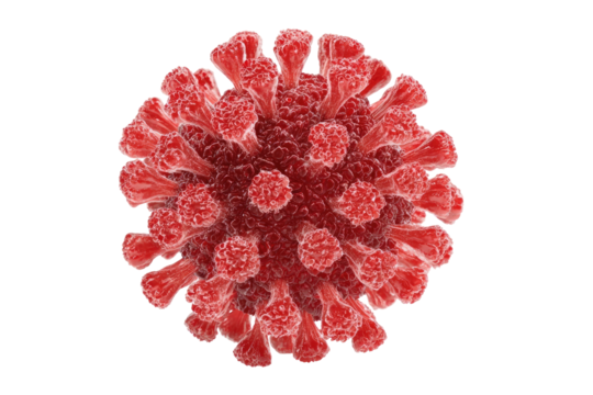 Close-up view of a red virus particle.  Spiky,  complex structure.  Highly magnified.  Viral form - Powered by Adobe