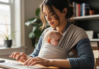 Young mother working from home on her laptop with her sleeping baby in a sling carrier