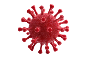 Close-up of a red virus.  3D model of a viral structure.  Round, symmetrical, with numerous spiked protrusions.  Deep red color, high contrast against black background.  Detailed rendering