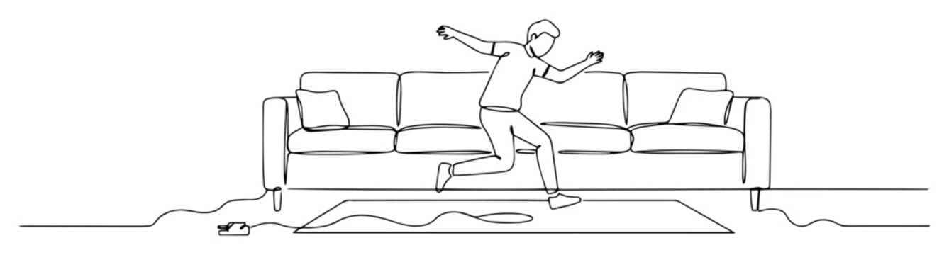 domestic accident a person tripping over a power cord at home continuous one line drawing vector for a safety hazard concept