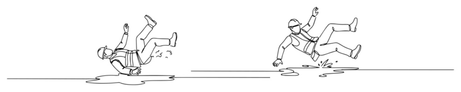slip and fall accident a construction worker and a person slipping on a wet or icy floor continuous one line drawing vector set
