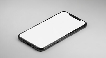 Close-up of a modern black smartphone with a blank white screen lying on a clean light grey background, perfect for mockup designs.