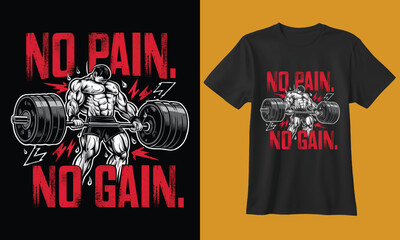 Powerful motivational gym workout design featuring a muscular bodybuilder and the slogan no pain no gain