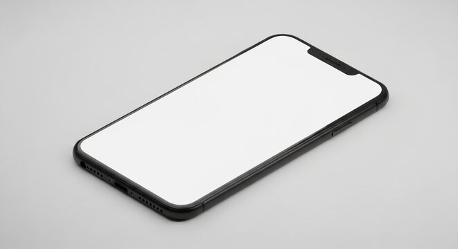 Modern black smartphone with a blank white screen lies on a clean gray background, ideal for technology mockups and digital content display. - Powered by Adobe