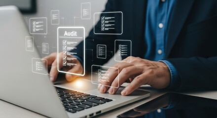 Auditing financial documents on a laptop