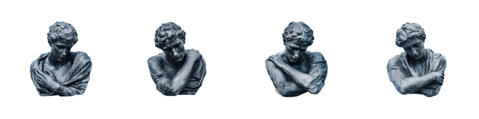 Fototapeta premium Four stone statues of a young man with head bowed and arms crossed Sculpture transparent background