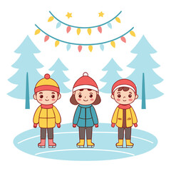 Fototapeta premium Flat Design of a Winter Festival with Children Ice Skating.