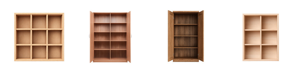 Collection of empty wooden shelves and cabinets isolate furniture interior
