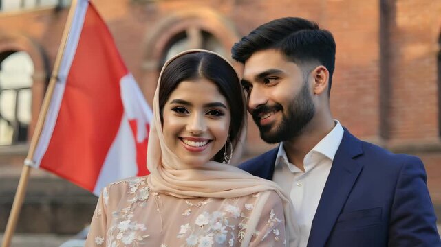 Animated Muslim couple smiling in front of waving Canadian flag &ndash; emotional urban portrait representing multicultural love, identity and diversity in Canada