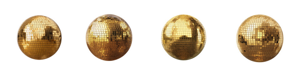 Four Golden Disco Balls Each Covered In Reflective Mirrored Squares Isolated Against A Transparent Background Transparent Background