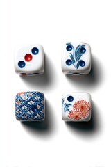 Four dice, top view,  ceramic,  white,  blue,  red,  floral,  patterns